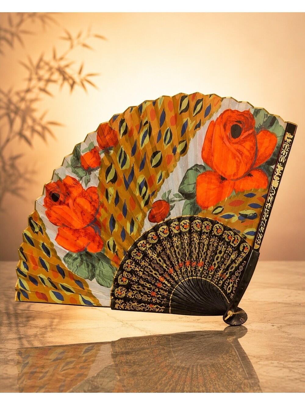 Chinese Vintage 1970s Large Red Rose Panda Folding Fan, 17x11”